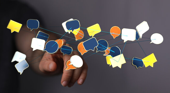 Abstract network of speech bubbles suggesting communication, connection, and online conversations. Suitable for