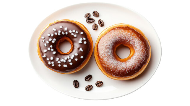 Chocolate and Glazed Doughnuts with Coffee Beans  on Transparent Background