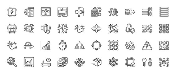 Technology and data line icon set. Vector pictograms of microchips, networks, servers, algorithms, and security, thin linear illustration.