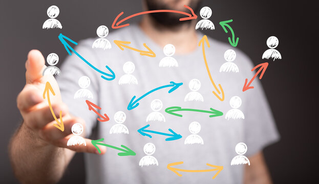 Image of a man presenting a network of people with arrows. Represents teamwork, collaboration, communication, connection, and global