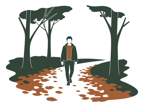 Silhouette of a person walking on a path through trees in a forest with fallen leaves on the ground in a peaceful nature scene