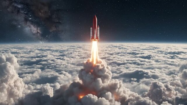 Red rocket taking off into sky above fluffy white clouds. Space travel journey. Start up business idea and development concept.