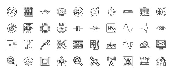 Technology and engineering line icon set. Vector pictograms of high bandwidth memory, diode, transistor, signal, and satellite, thin linear illustration.