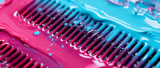 Abstract closeup of a comb coated in glossy blue and magenta paint splashes showcasing modern creative color art design