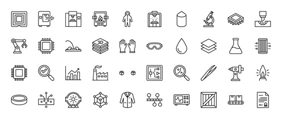 Manufacturing and nanotechnology line icon set. Vector pictograms of 3d printing, robotics, lab equipment, and factory production, thin linear illustration.