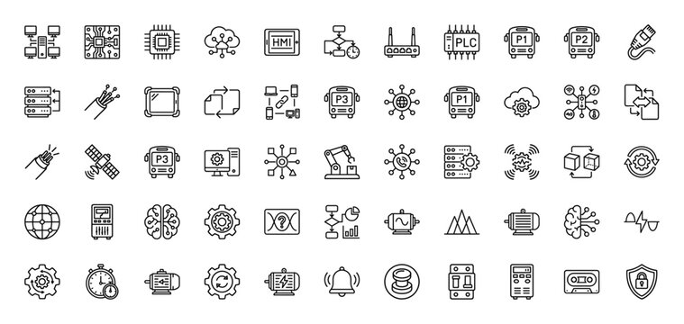 Industrial automation and iot line icon set. vector pictograms of cpu, plc, hmi, cloud, sensors, and network devices, thin linear illustration.