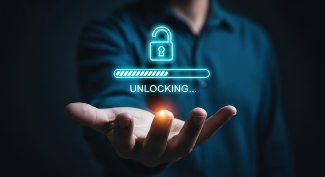 Data Unlocking and Authorization Concept with Progress Bar and Open Padlock Icon