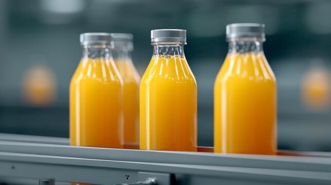 Bright bottles filled with vibrant orange juice glide smoothly down the assembly line. Workers bustle around, ensuring a seamless production process in the lively factory