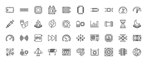 Fototapeta premium Engineering and technology line icon set. Vector pictograms of microchips, semiconductors, energy, and scientific concepts, thin linear illustration.