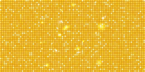 Abstract gold disco mosaic with glitter gradient and mirror shine. Yellow sparkle dance floor or glam shimmer wall background. Vector festive illustration.