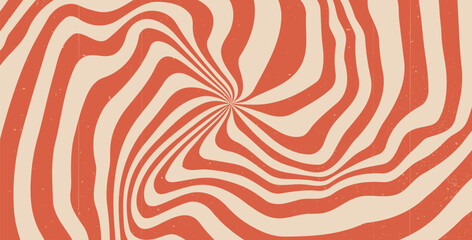 Groovy crazy liquid red starburst background with scratches. Retro hypnosis spiral with sun rays fluid illustration. Vector wavy decoration. Radial stripes vintage backdrop 70s pop art design.