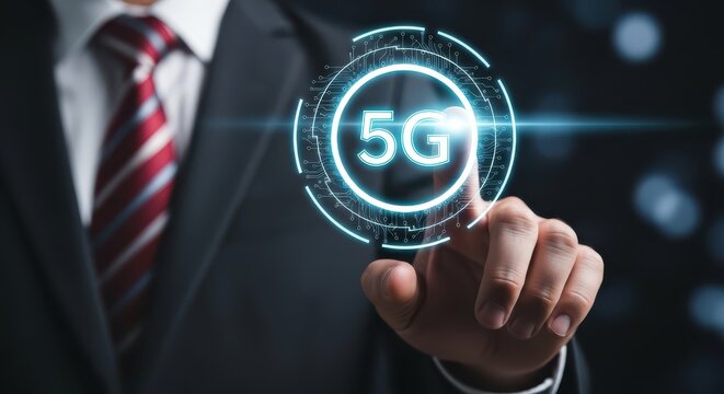 Businessman Touching a Glowing 5G Network Icon for High-Speed Wireless Communication - Powered by Adobe