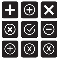 Simple black & white essential symbol icon set — plus, minus, checkmark, close, arrow directions, refresh, reload, play, pause, stop — clean minimal lines