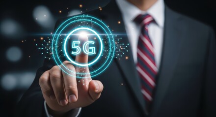 Businessman Touching a Glowing 5G Network Icon for High-Speed Wireless Communication