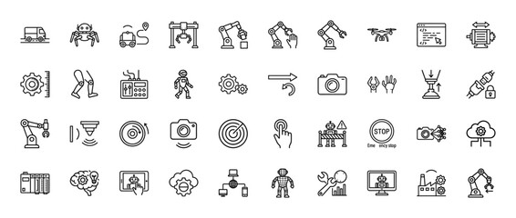 Fototapeta premium Industrial automation line icon set. Vector pictograms of robotic arms, drones, sensors, and assembly systems, thin linear illustration.
