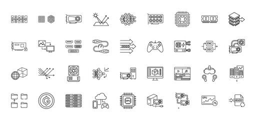 Technology and gaming line icon set. Vector pictograms of server racks, graphics card, joystick, cpu, and memory, thin linear illustration.