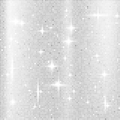 Silver disco ball mosaic background with mirror glimmer texture. Shiny deep metallic colors sequin curtain pattern with party decoration. Glam sparkle Christmas wall. Vector abstract illustration.