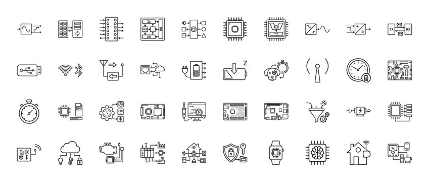 Internet of things and embedded systems line icon set. Vector pictograms of microprocessor, battery, wireless, and cloud storage, thin linear illustration.
