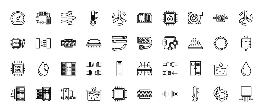 Computer cooling line icon set. Vector pictograms of heatsink, fan, radiator, liquid flow, and temperature gauge, thin linear illustration.