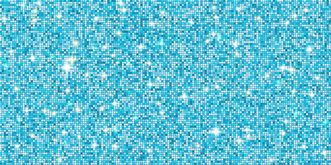 Shiny swimming pool tile background. Blue disco ball mosaic with spotlight. Mirror glitter gradient texture sequin backdrop. Dance floor with sparkles lights. Glam shimmer wall. Vector illustration.