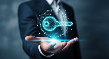 Digital Key Access and Security Concept with Businessman Holding Glowing Key Icon in Hand