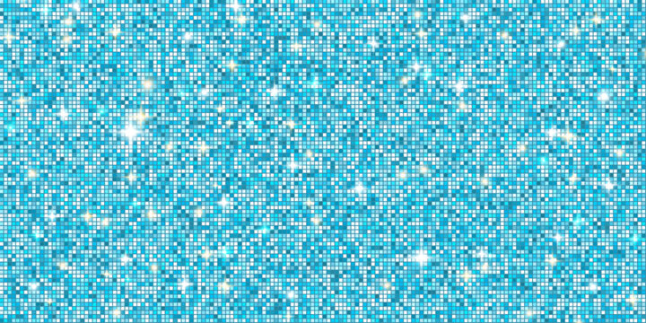 Shiny swimming pool tile background. Blue disco ball mosaic with spotlight. Mirror glitter gradient texture sequin backdrop. Dance floor with sparkles lights. Glam shimmer wall. Vector illustration.