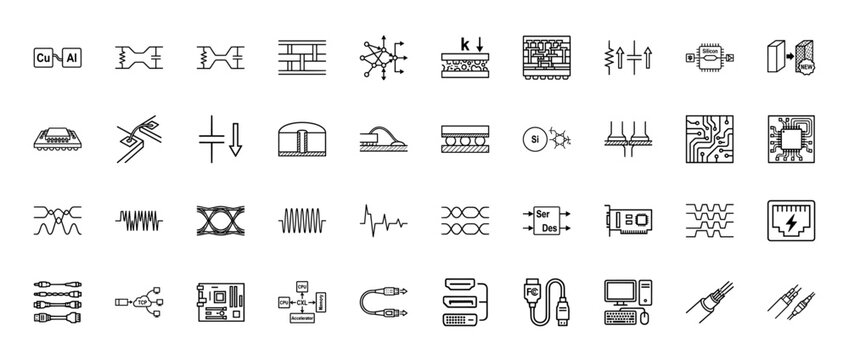 Electronics and data transfer linear icon set. Vector pictograms of differential signaling, microchips, printed circuit boards, and cable connectors, thin stroke illustration.