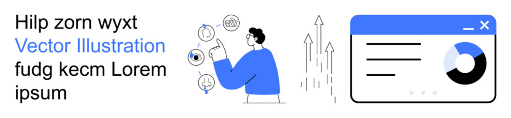 Data analysis, statistics, technology, user interaction, business intelligence, digital tools. Person interacting with floating icons and charts beside analytics window. Data analysis and statistics