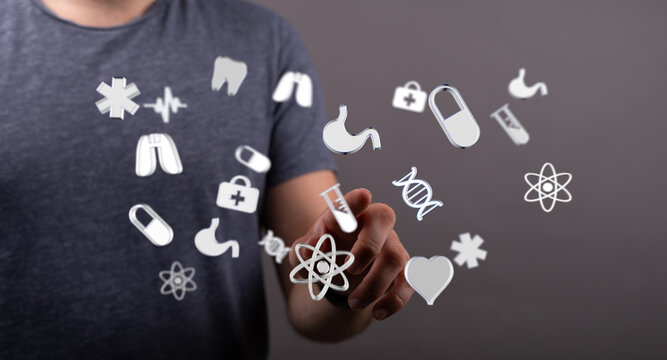 Person interacting with digital medical icons.  Modern healthcare, technology, science.