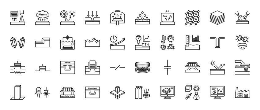 Semiconductor manufacturing and microchip fabrication line icon set. Vector pictograms of plasma etching, photolithography, deposition, and crystal growth, thin linear illustration.