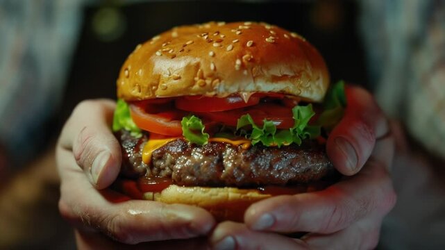 Video A close-up shot of someone grasping a hamburger, great for food and lifestyle content