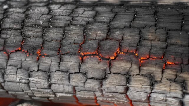 Burning Wood Emits Intense Heat and Red Flames Under Charred Surface
