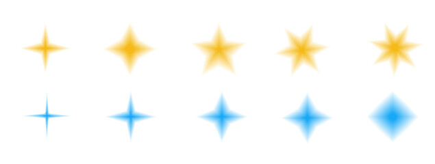 Y2k stars icons with blur gradient effect. Aura texture sky twinkle symbols shapes. Blue and yellow blinks signs gradation set. Vector simples sparks forms on transparent background.