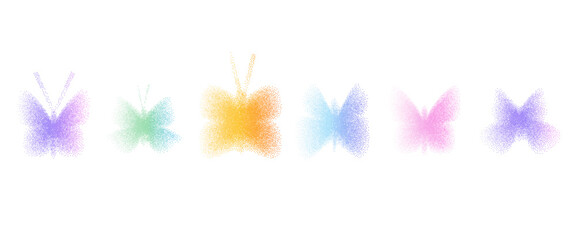 Butterfly y2k iridescent icons. Grain noise gradient dots powder shapes. Retro stippling simple forms set. Green, purple gradation shade insect isolated. Vector spray yellow butterflies illustration.