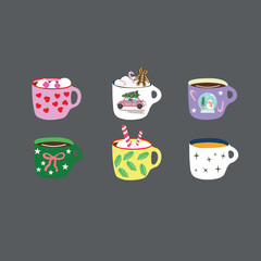 Cute Christmas mug clipart set with cocoa, marshmallows, candy canes, gingerbread and winter patterns. Cozy hand-drawn vector perfect for holiday cards, stickers, wrapping paper and festive designs.