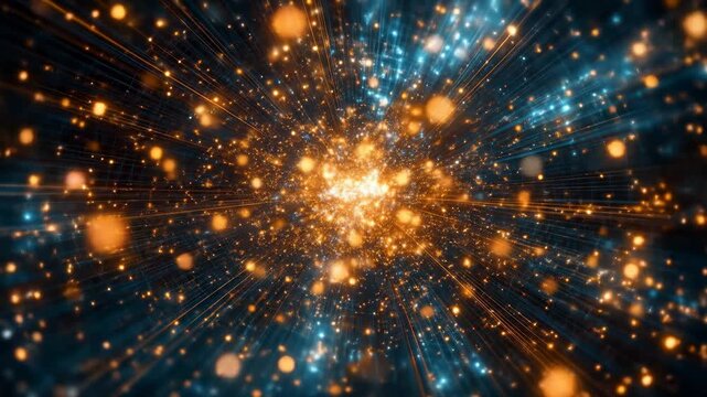 Glowing orbs and light streaks converge towards a bright center