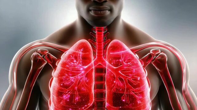 Anatomically correct medical animation of a man's lungs. Highlighting inflammation and constriction of the airways. Representing a respiratory disease like asthma or bronchitis with a 360 degree view