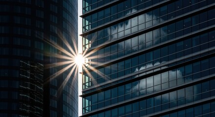 Sunburst Reflection on Modern Glass Skyscraper Facade, Abstract Financial Corporate Architecture