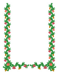 Christmas frame, isolated garland of fir branches with bells, balls, and pine cones on a white background. Vector illustration.
