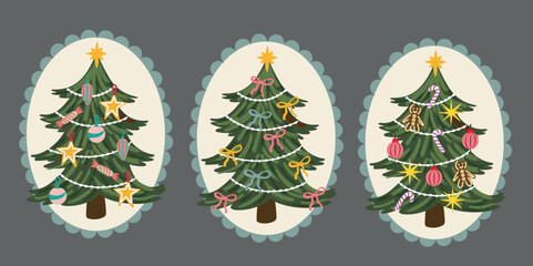 Cute hand-drawn Christmas tree clipart set with ornaments, bows, stars and festive decorations. Cozy winter vector perfect for stickers, greeting cards, planners, posters, and holiday projects.