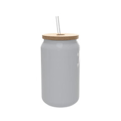 3D Render a glass jar with a straw and a wooden lid