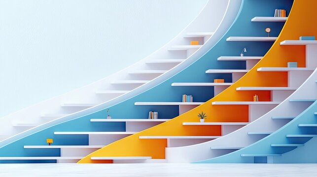 An abstract, colorful staircase design with shelves holding books and decorative objects, in a modern interior setting.