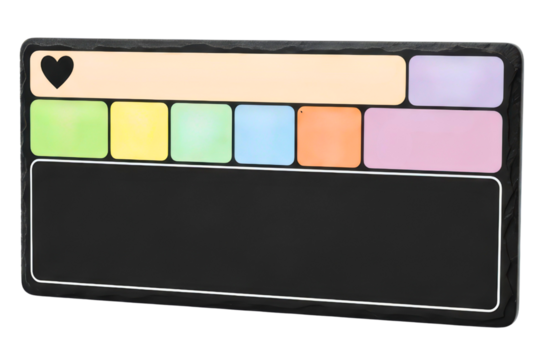 Black slate message board with colorful daily planning boxes isolated with transparent background