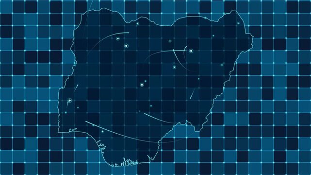 Digital grid map animation of Nigeria, Technology, Communication, Transportation