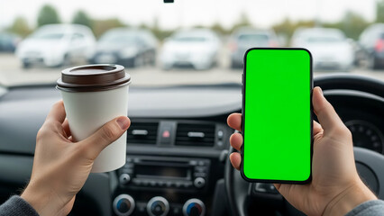 Person inside a car holding a coffee cup and a smartphone with a green screen.