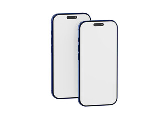 Two modern cell phones with blank screens isolated on white background. Perfect for app or website display. Mod