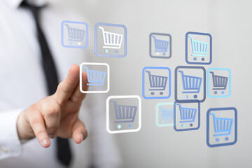 Person interacting with shopping cart icons representing online shopping, e-commerce, and digital retail. Perfect for illustrating buying, purch