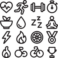 Naklejka premium Bold Thick Outline Fitness Vector Icons for Modern UI Design 