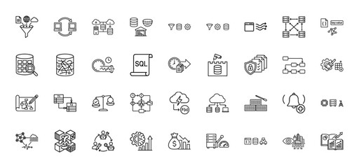 Big data and cloud computing line icon set. Vector pictograms of funnel, database, security, and process flow, thin linear illustration.