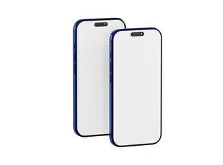 Two modern blue smartphones with blank screens, perfect for showcasing apps or designs. Ideal for technology, c